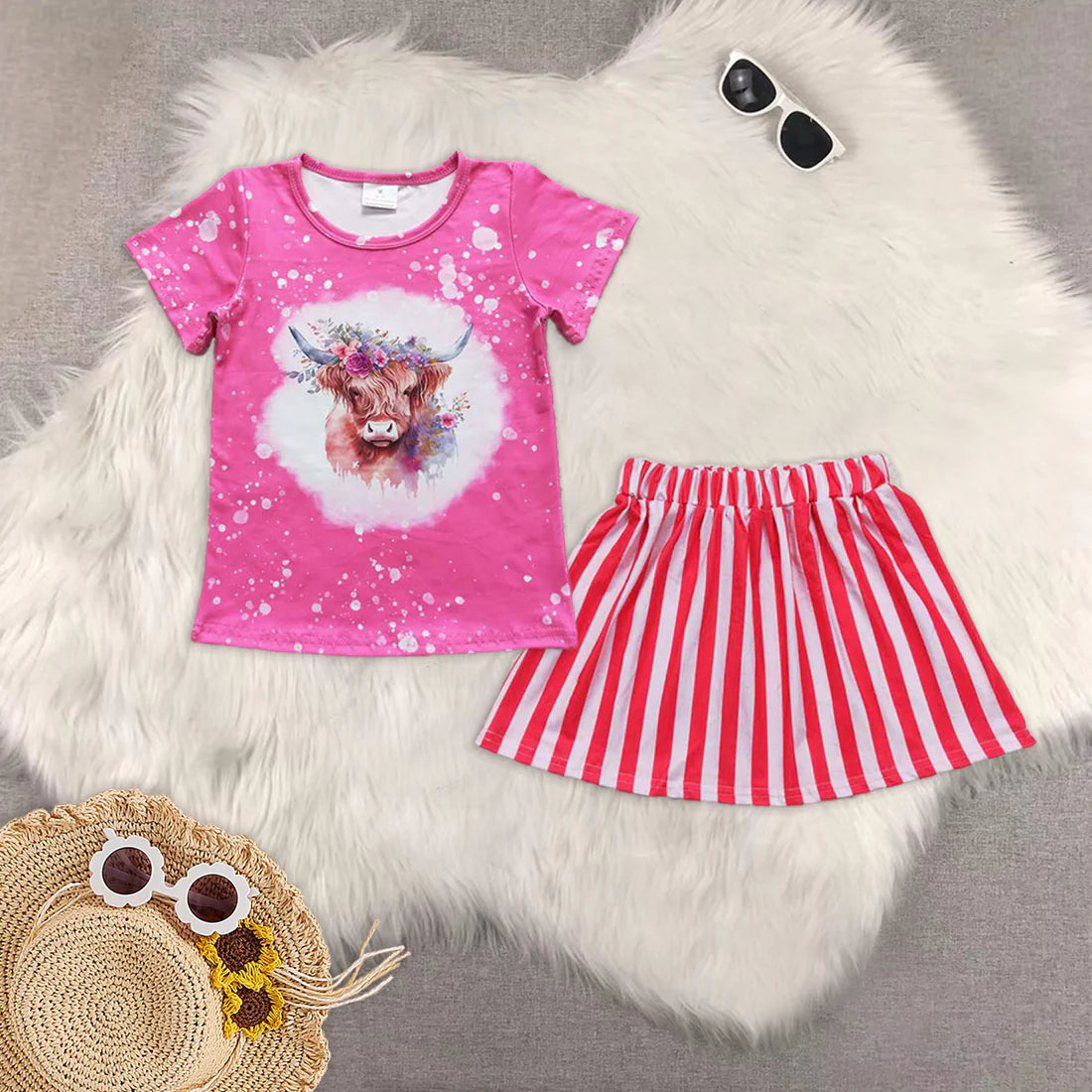 Western highland cow flowers hot pink short sleeve red striped skirt girls set GT0212+GLK0029