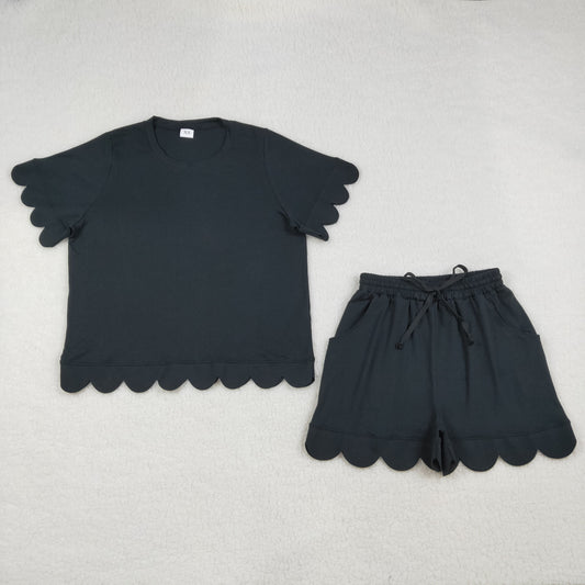 GSSO3200 Scallop Black Short Sleeve Shorts Adult Women Pajamas
