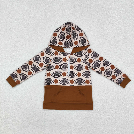 BT0908 Western Aztec brown pocket hoodie zipper long sleeve boys pullover