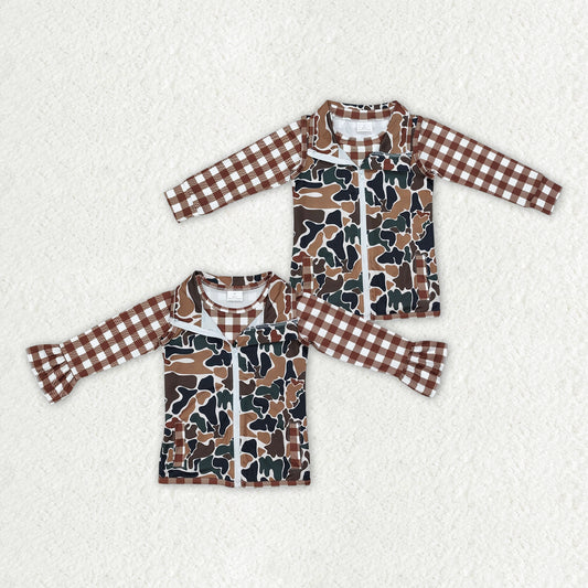 brown checkered long sleeve camo sleeveless zipper 2pcs coat sibling clothes