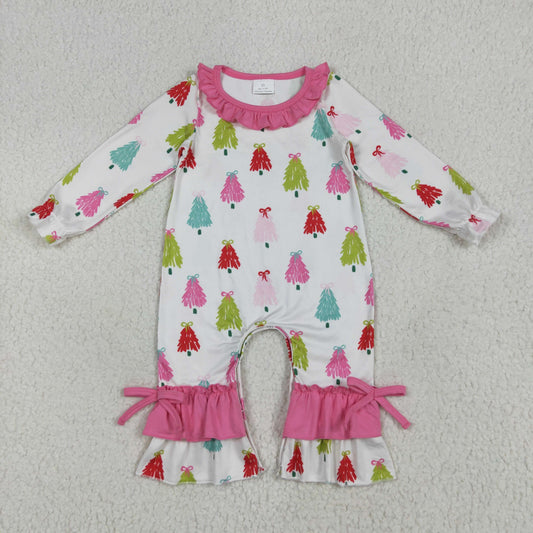 LR2280 Christmas colorful tree hot pink long sleeve girls romper
