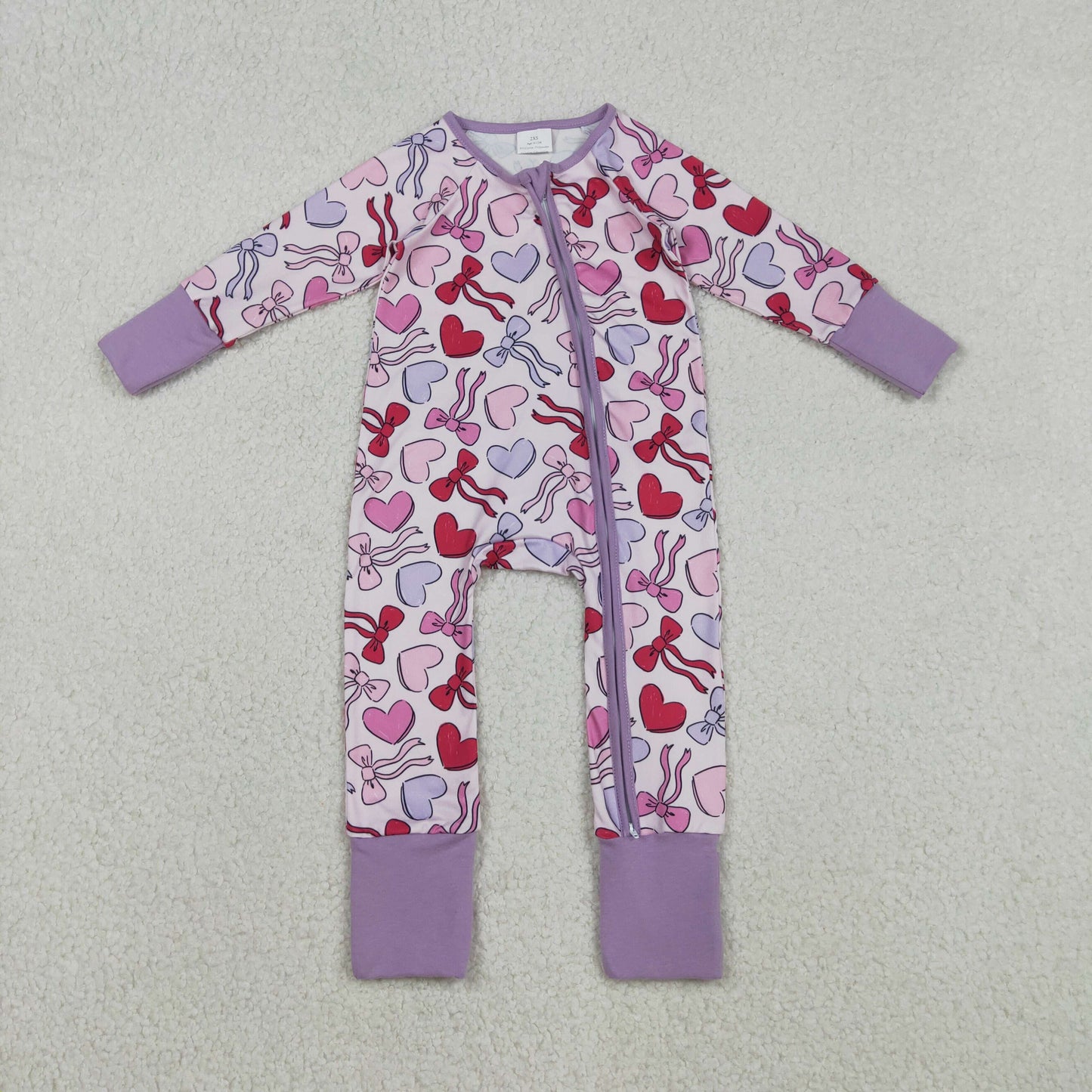 LR2883 Valentine's Day Bows Heart Purple Zipper Long Sleeve Girls Romper