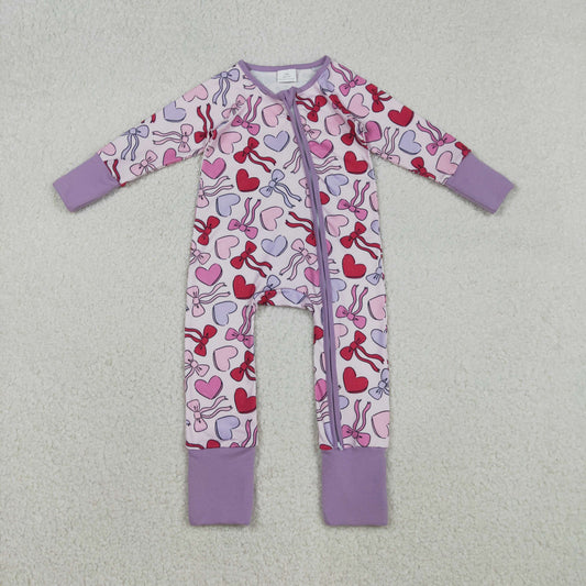 LR2883 Valentine's Day Bows Heart Purple Zipper Long Sleeve Girls Romper
