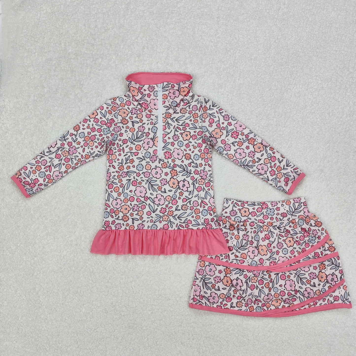 flowers zipper long slevee skirt with shorts set RTS sibling clothes