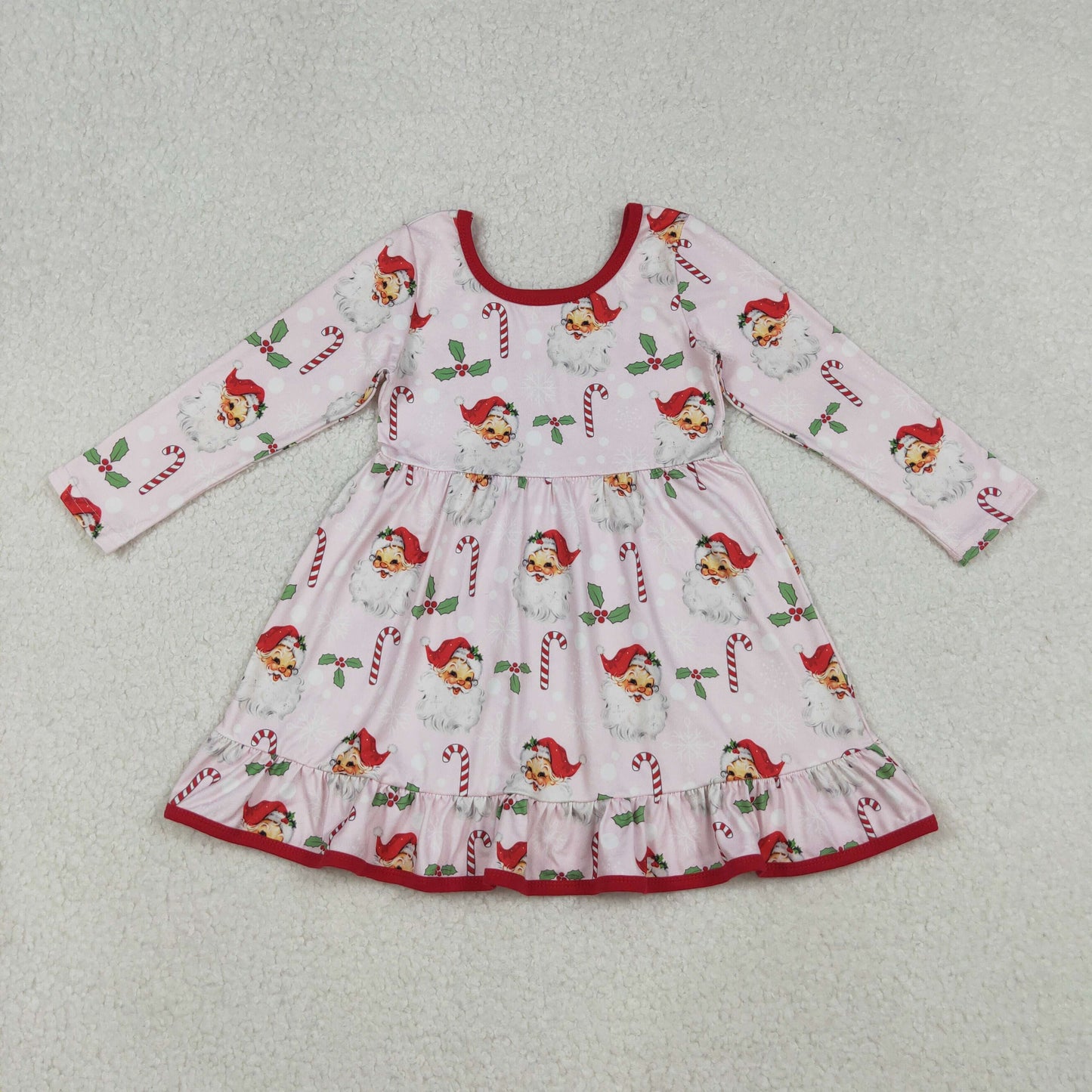 GLD1251 Christmas Santa cane candy holly berry long sleeve girls dress