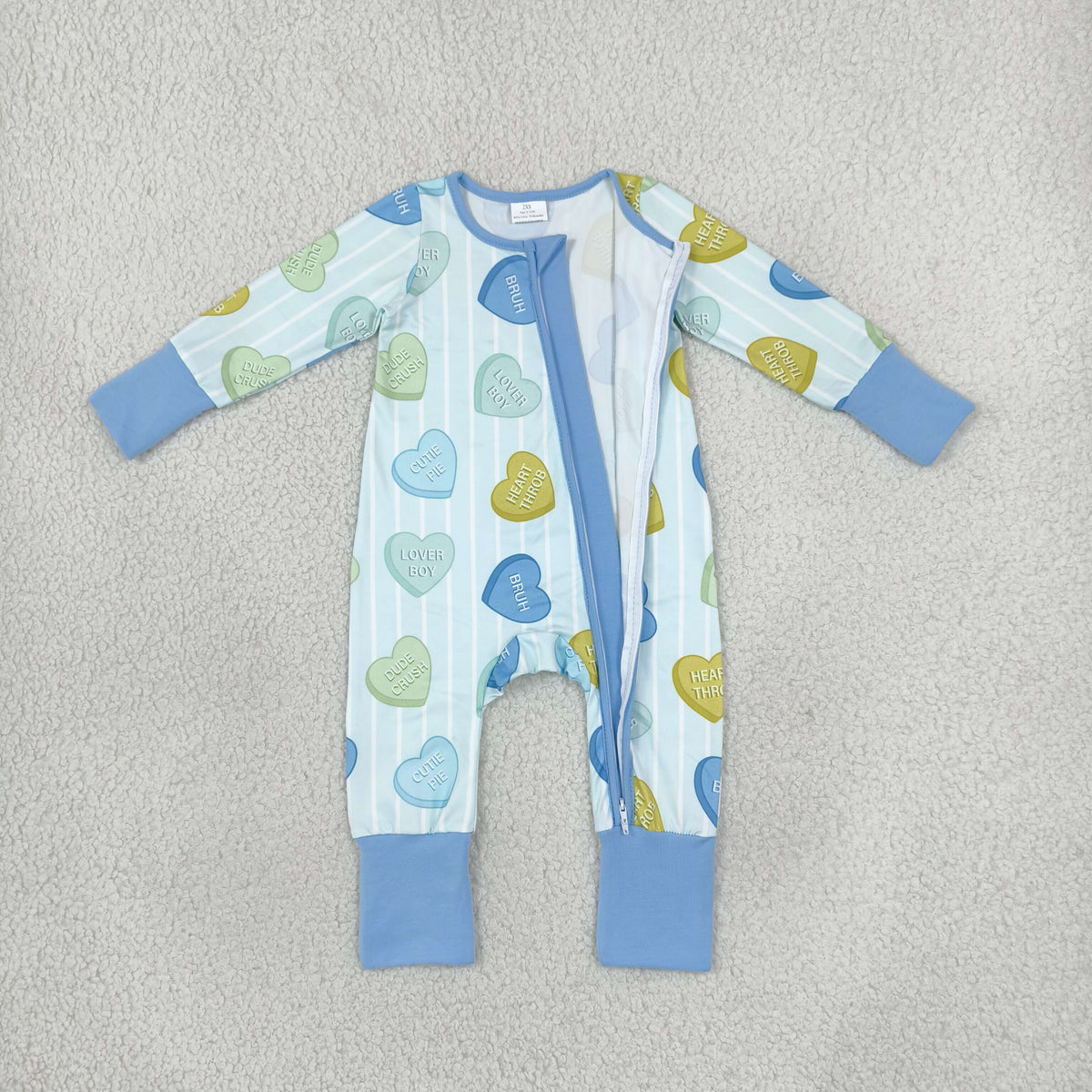 LR3326 Valentine's Day Heart Blue Striped Zipper Long Sleeve Girls Romper
