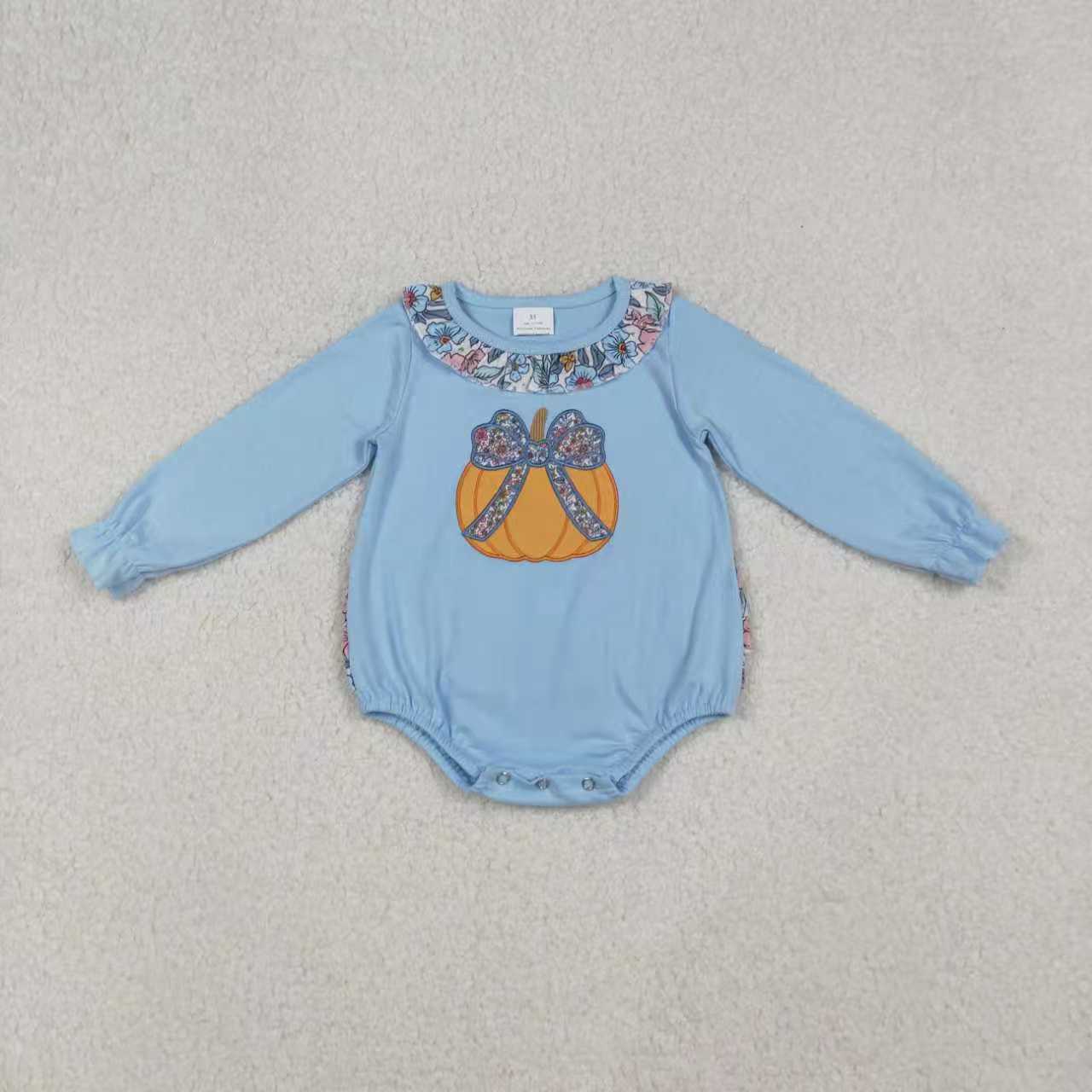 embroidery pumpkin bow flowers blue romper/set RTS Sibling Clothes