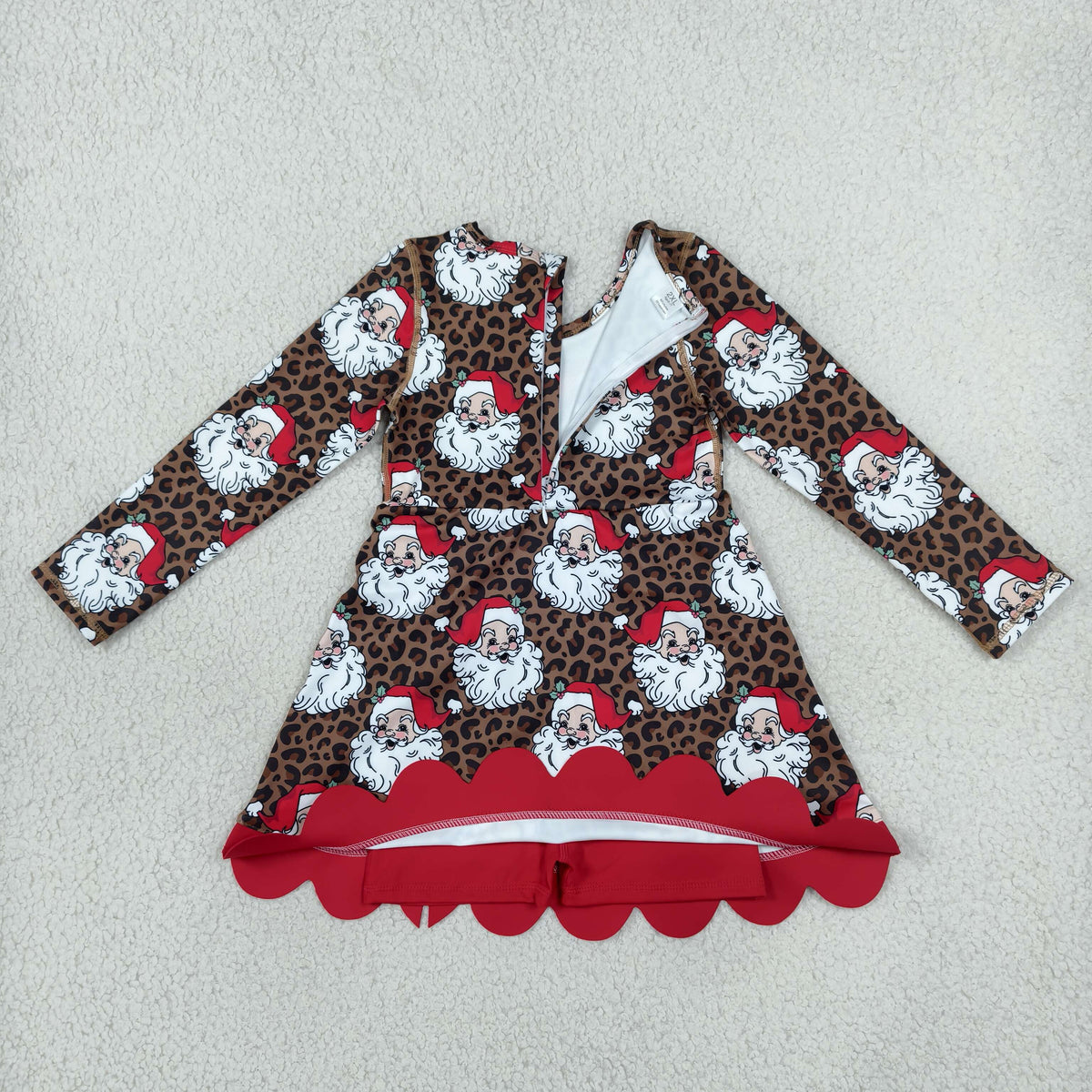 GLD1679 Christmas Leopard Santa Long Sleeve Girls Dress