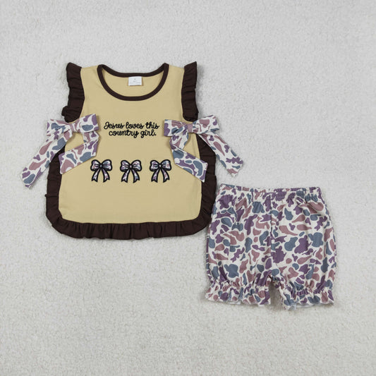 embroidery GSSO2730 Jesus loves this country girl camo bows sleeveless shorts girls set