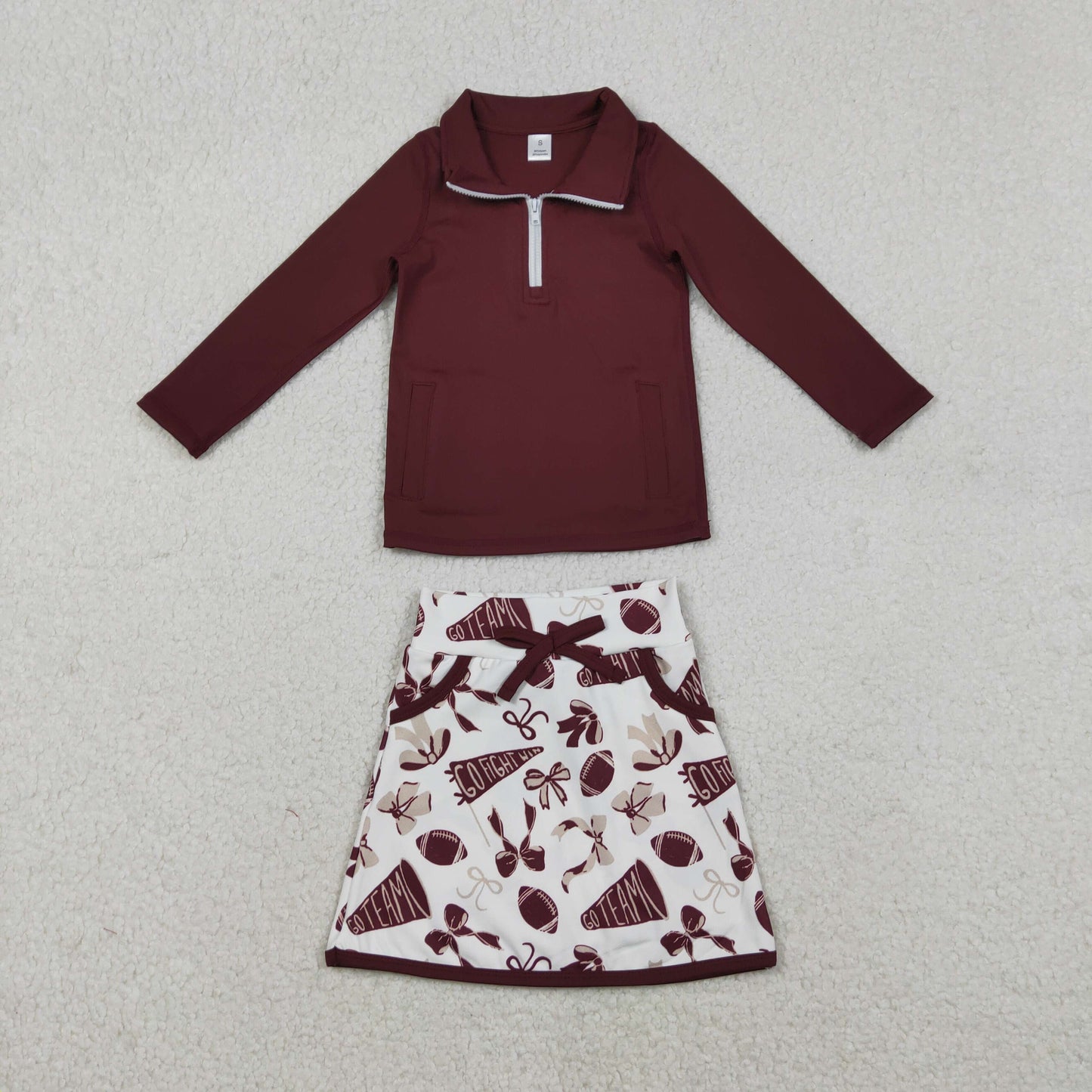 GLD1384 go fight cheer maroon zipper long sleeve skorts skirt girls set