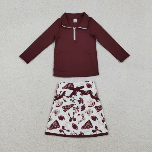 GLD1384 go fight cheer maroon zipper long sleeve skorts skirt girls set