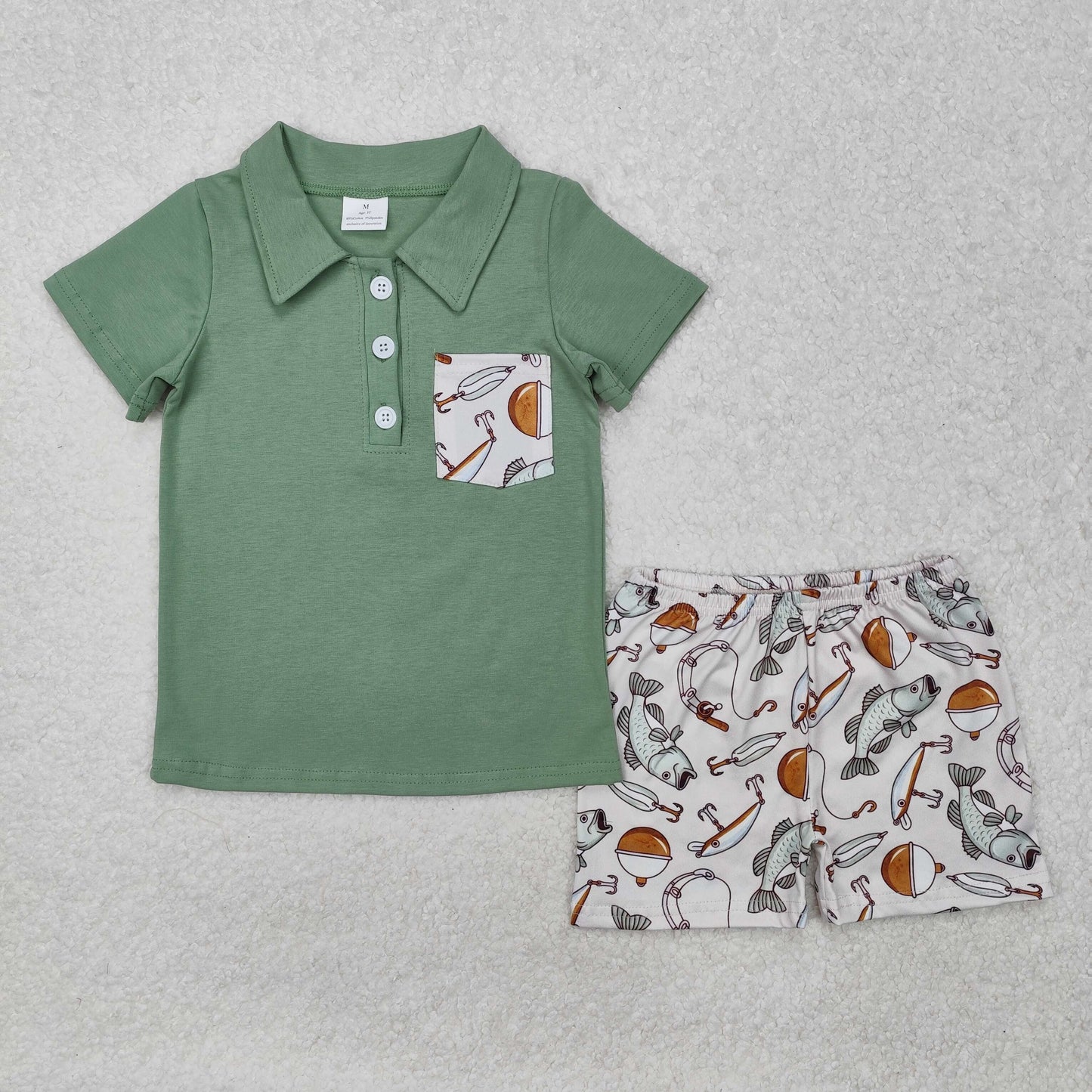 BSSO1216 Fishing Green Pocket Short Sleeve Shorts Boys Set