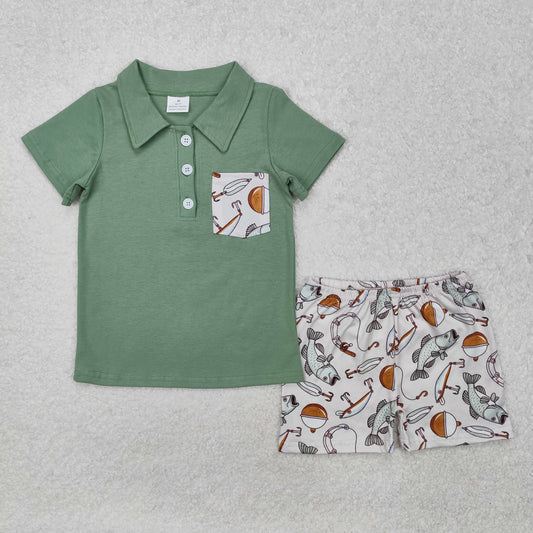 BSSO1216 Fishing Green Pocket Short Sleeve Shorts Boys Set
