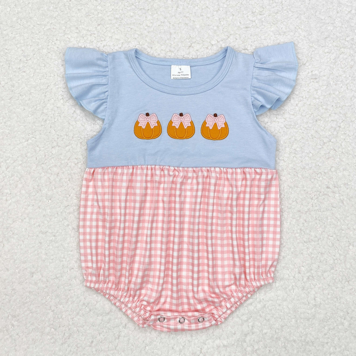 embroidery SR1962 Autumn pumpkin blue pink checekred flutter sleeve girls romper