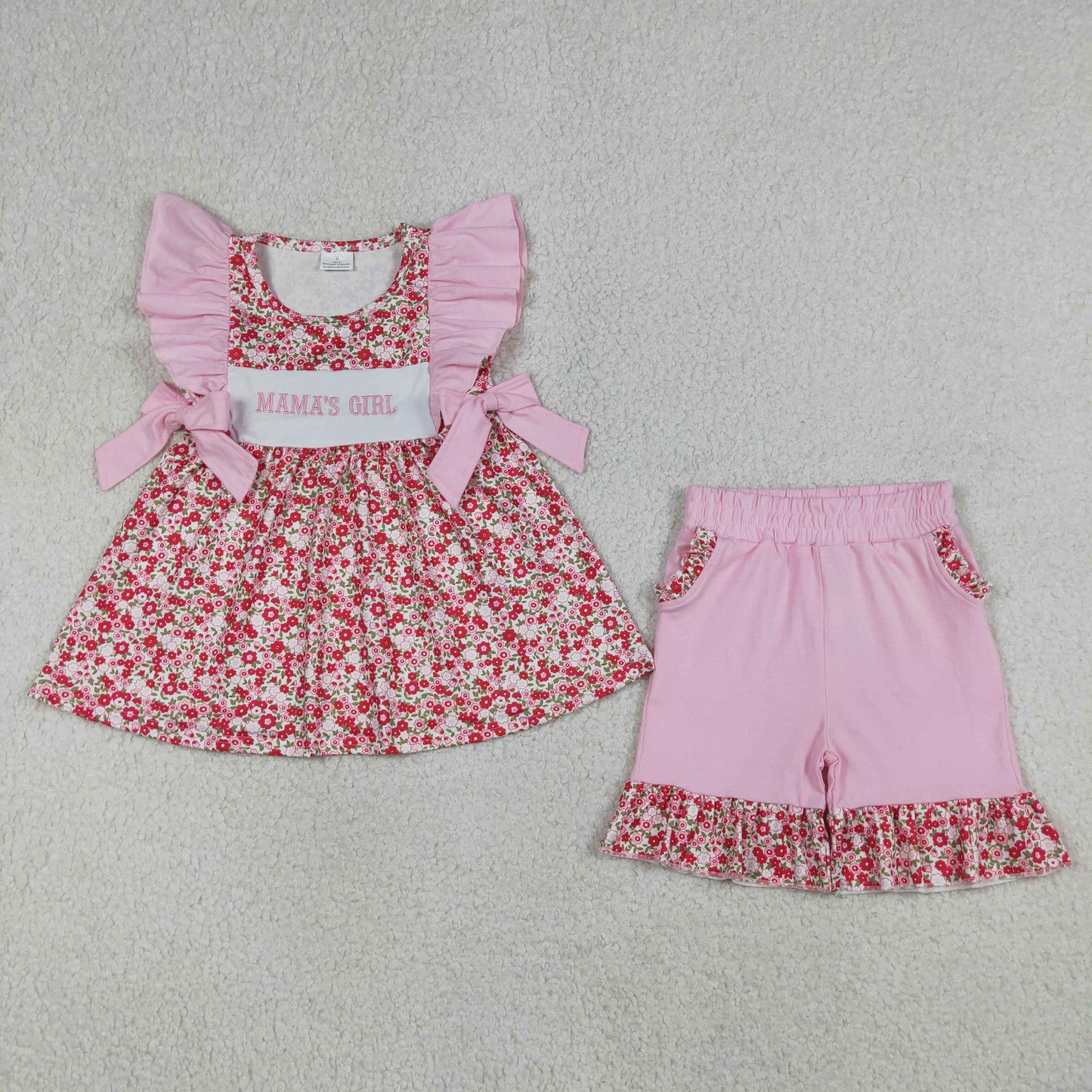 Embroidery GSSO3131 Mama's Girl Flowers Pink Flutter Sleeve Shorts Girls Set