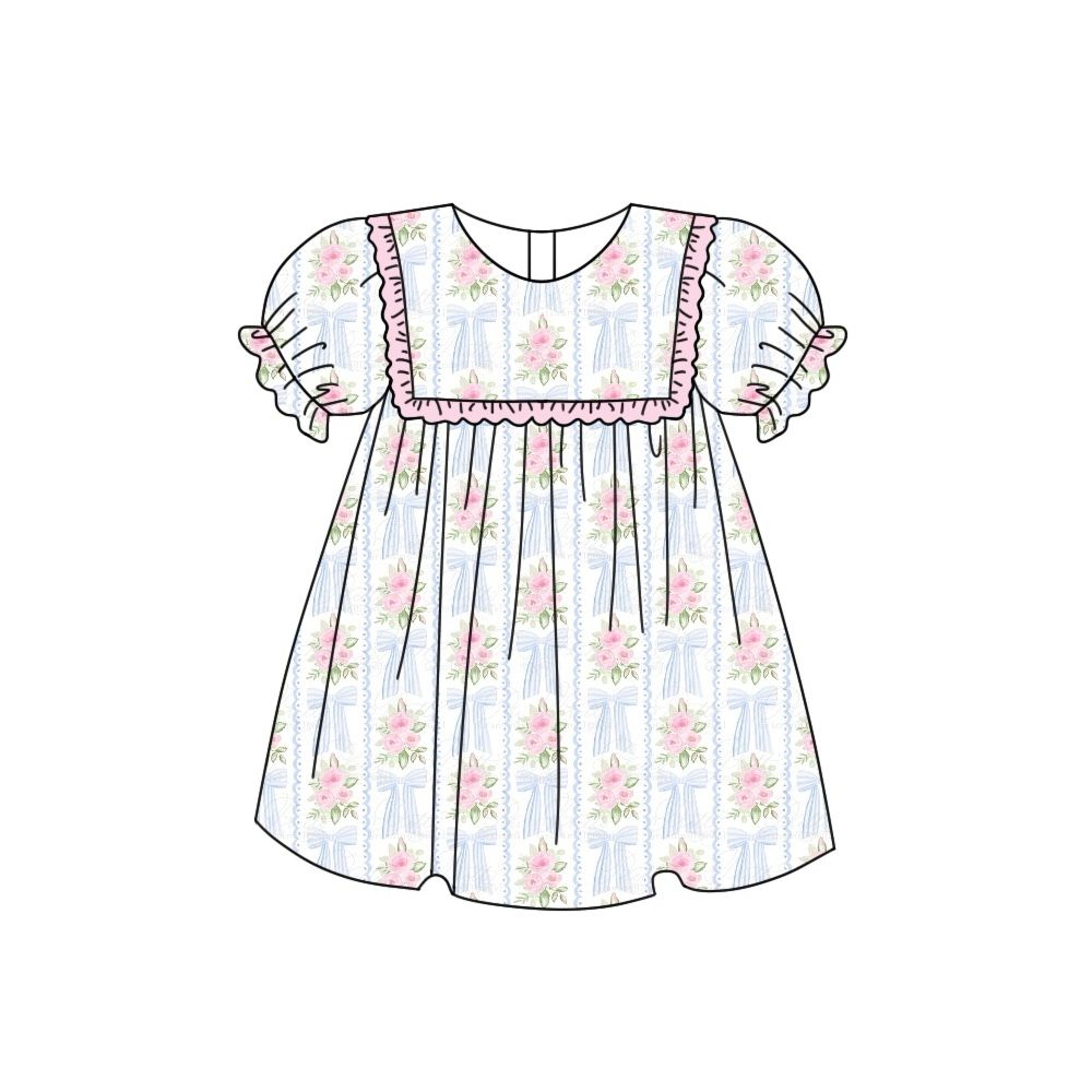 Preorder GSD1519 pink flowers bows short sleeve girls dress