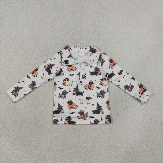 BT1896 Halloween Dog Pumpkin Zipper Long Sleeve Boys Top