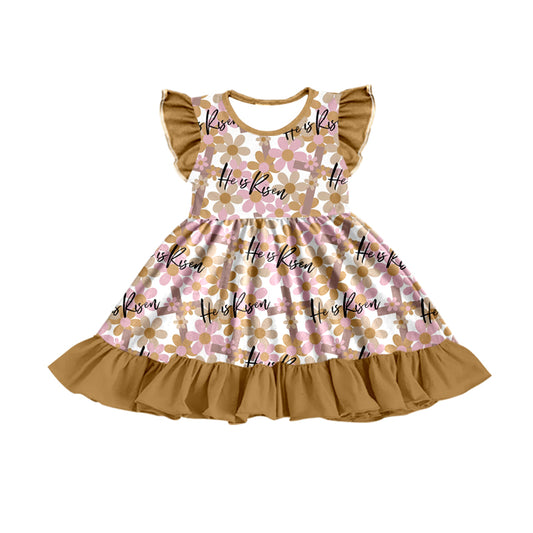 Preorder Pink Flowers Khaki Flutter Sleeve Girls Dress