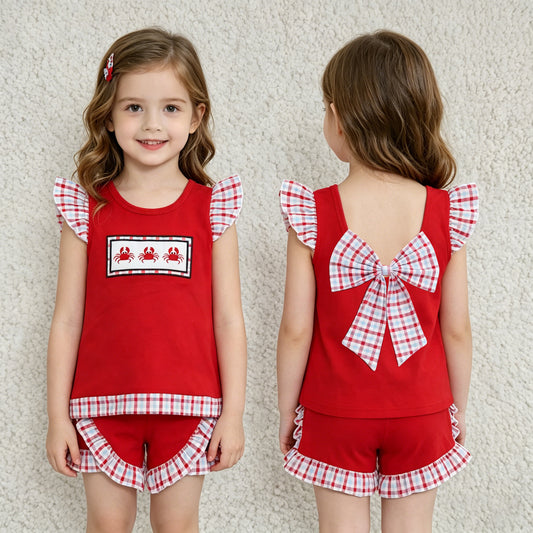 GSSO0142 Red Flutter Sleeve Crab Embroidery Summer Girls Bow Set