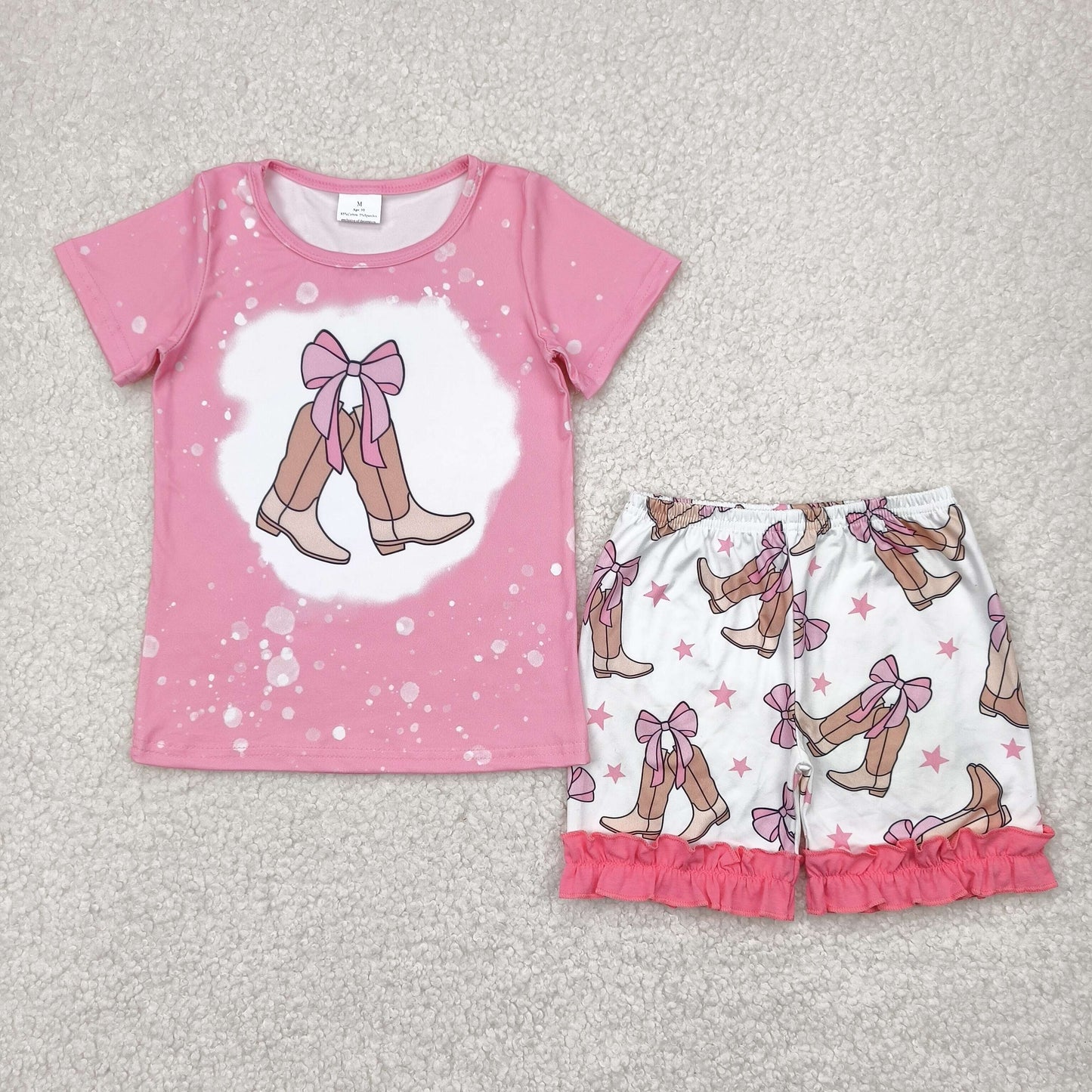 GSSO2354 Western bows boot pink short sleeve shorts girls set