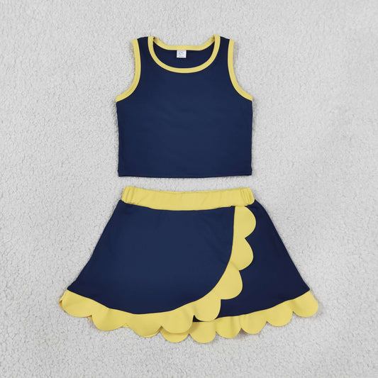 GSD4111Yoga Scallop Navy Blue Sleeveless Skort Skirt Girls Set