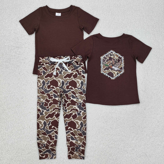 BSPO0525 hunting camo mallard duck brown short sleefve camo pants boys set