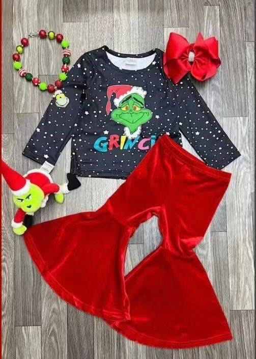 preorder GLP0808 Christmas green face black long sleeve red velvet pants girls set