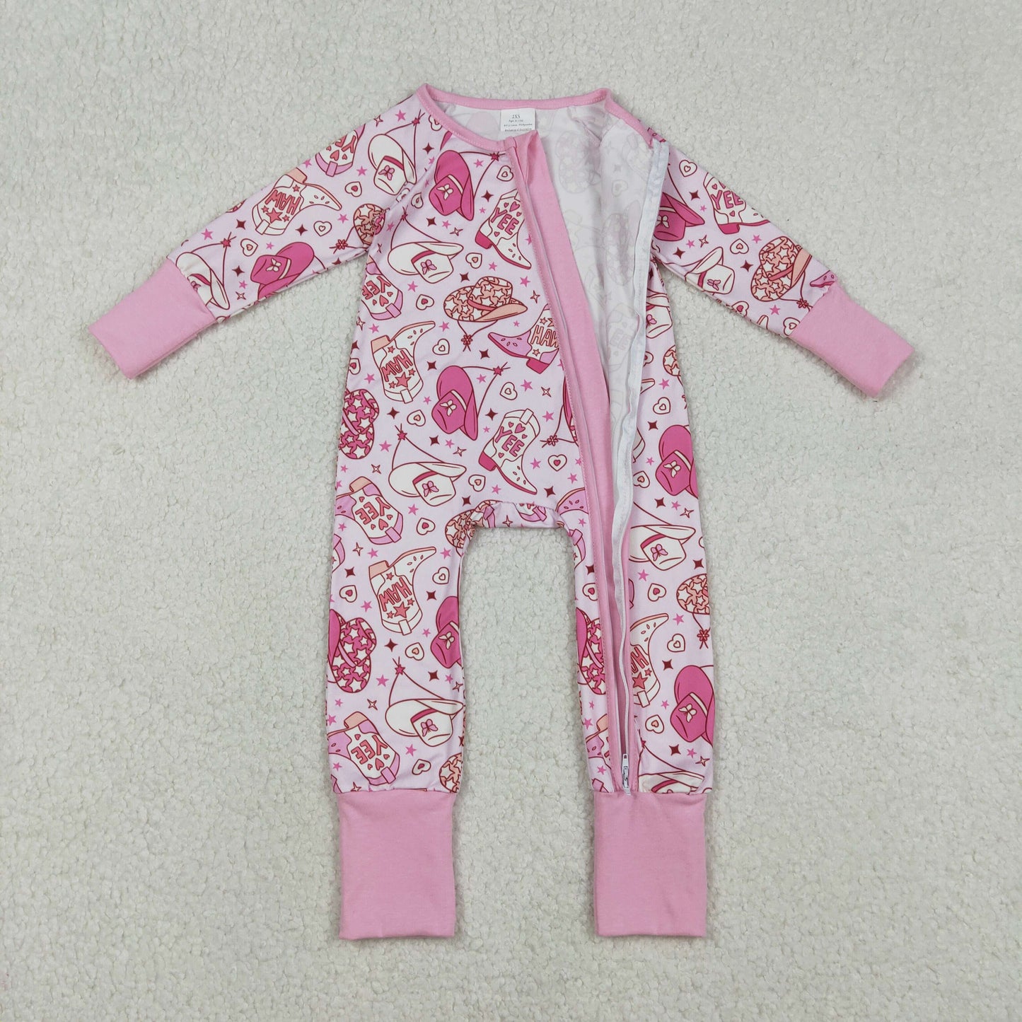 LR2855 Western Boots Hat Pink Zipper Long Sleeve Girls Romper