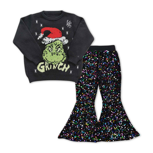 GLP1086 Christmas green face black sweater black colorful sequin pants girls set