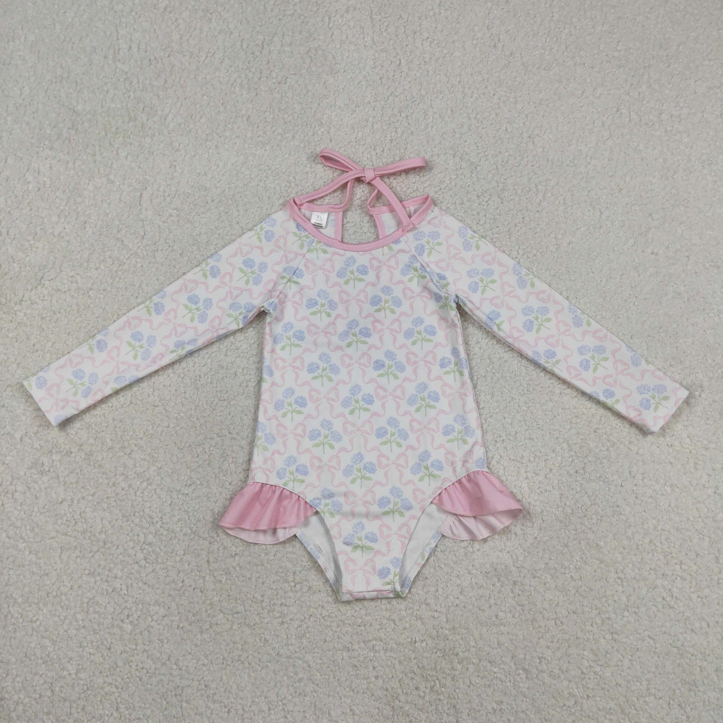 S0655 Flowers Bows Pink Long Sleeve Girls Swimsuits