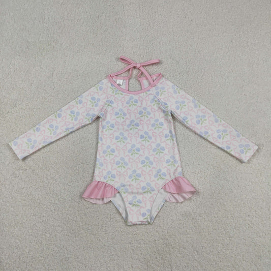 S0655 Flowers Bows Pink Long Sleeve Girls Swimsuits