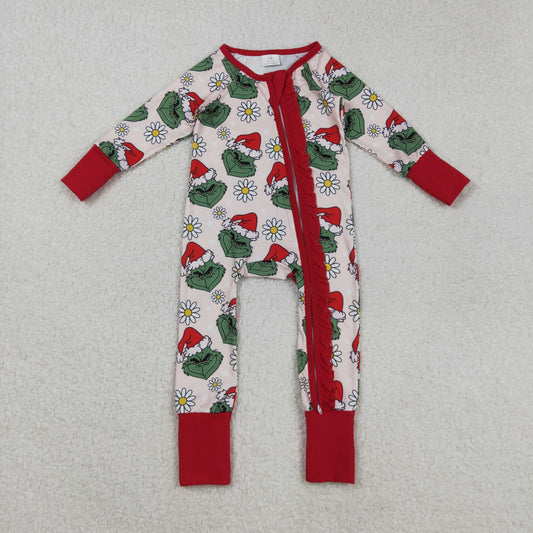 LR2489 Christmas green face flowers long sleeve zipper girls romper