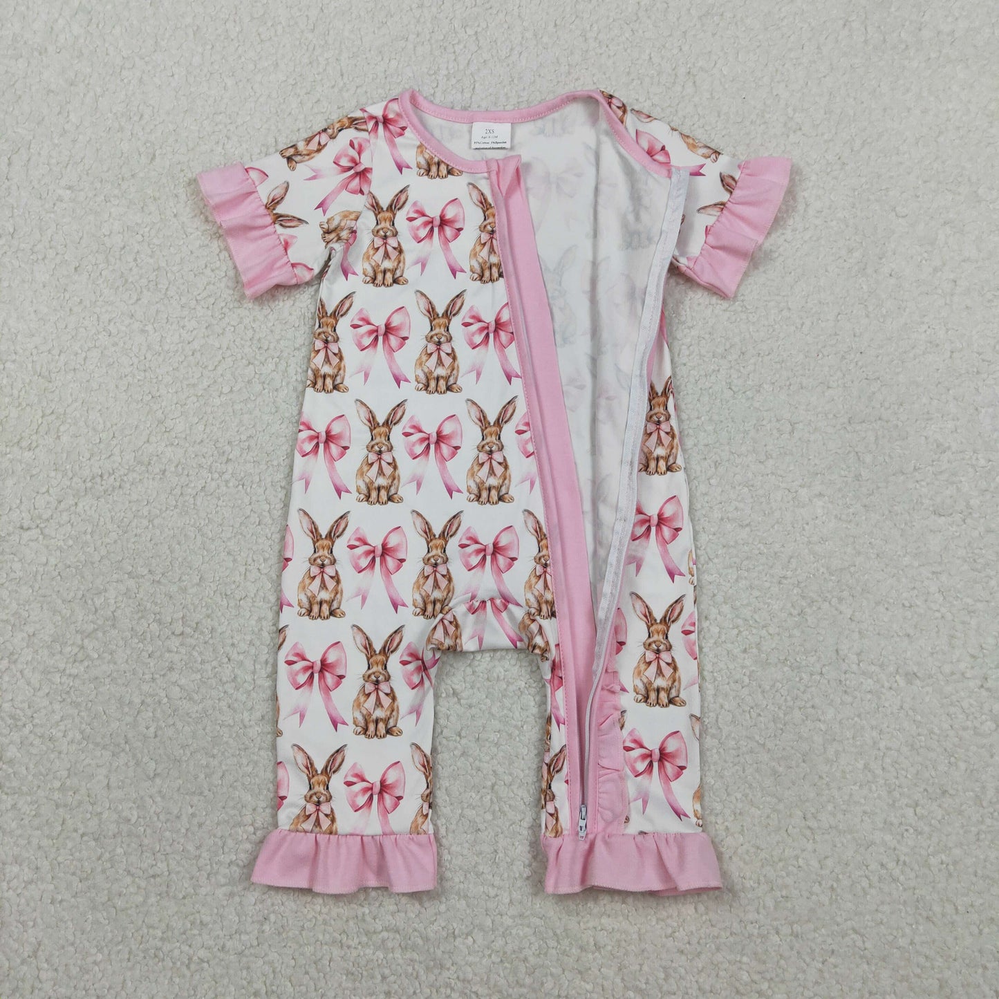 SR2020 Easter cute bunny rabbit pink bows zipper short sleeve girls romper