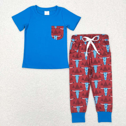 BSPO0188 Western Aztec cow blue pocket short sleeve brown pants boys set