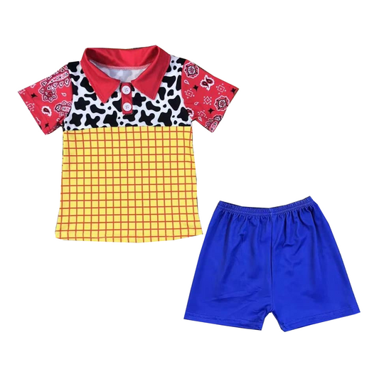 custom style cartoon toy cow print orange checkered short sleeve blue shorts boys set