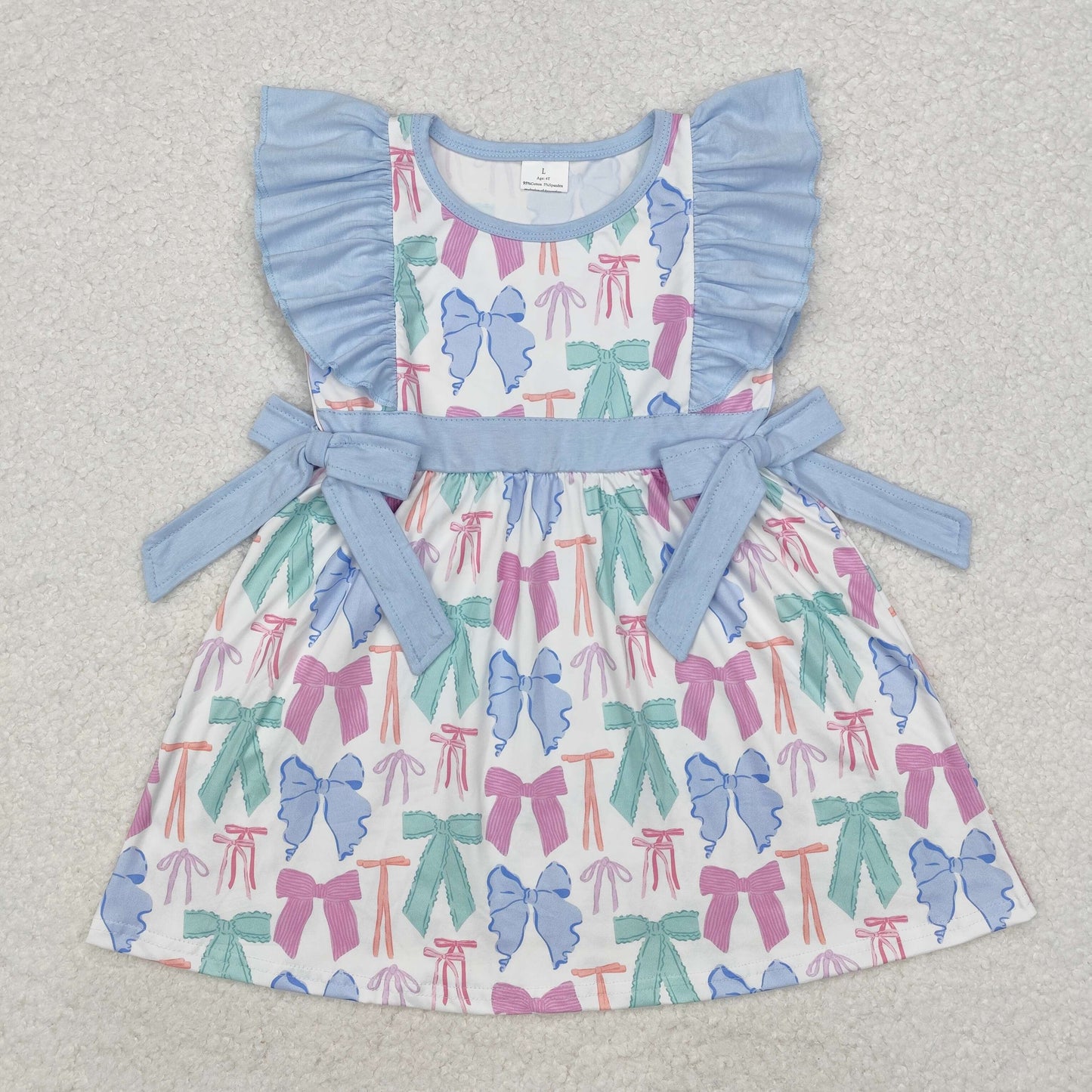 GSD1449 colorful cute bows flutter sleeve girls blue bows dress