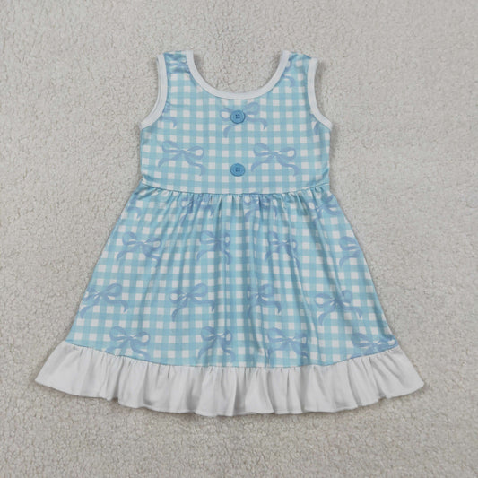 GSD3144 Blue Bows Checkered Sleeveless Girls Dress