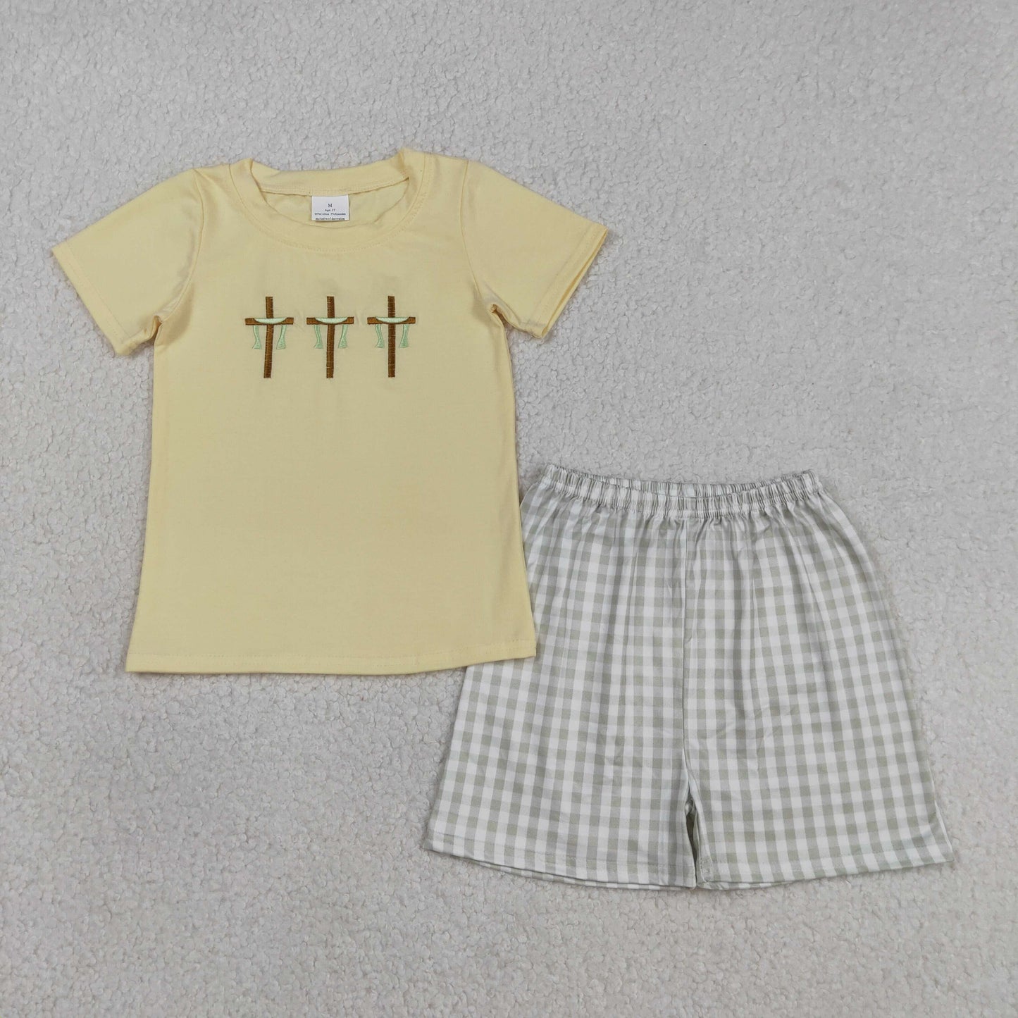 Embroidery BSSO1717 Easter Cross Short Sleeve Checkered Shorts Boys Set