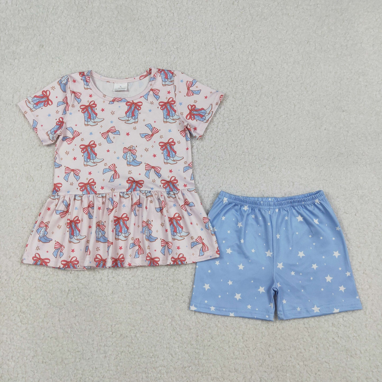 GSSO2837 July 4th Boots Bows Short Sleeve Star Blue Shorts Girls Set