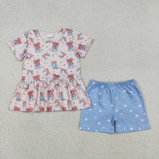 GSSO2837 July 4th Boots Bows Short Sleeve Star Blue Shorts Girls Set