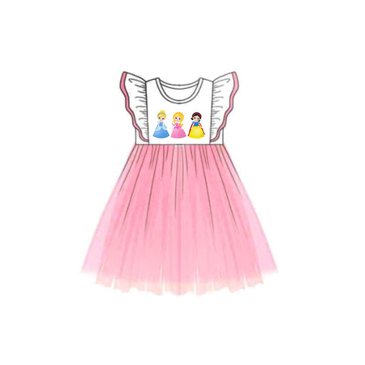 custom style cartoon princess pink flutter sleeve girls tutu dress