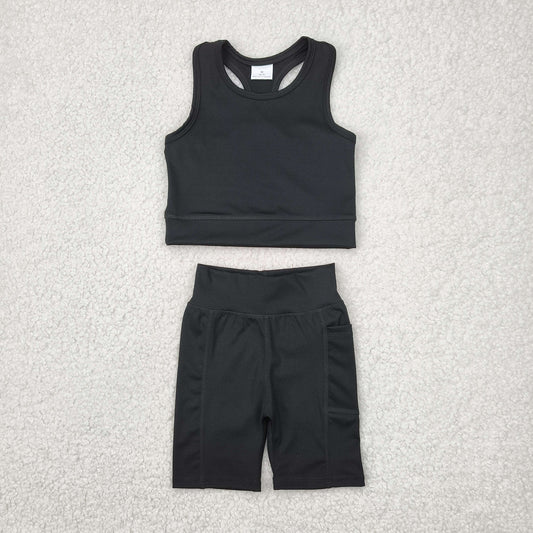 GSSO1517 black sleeveless shorts girls set yoga clothes