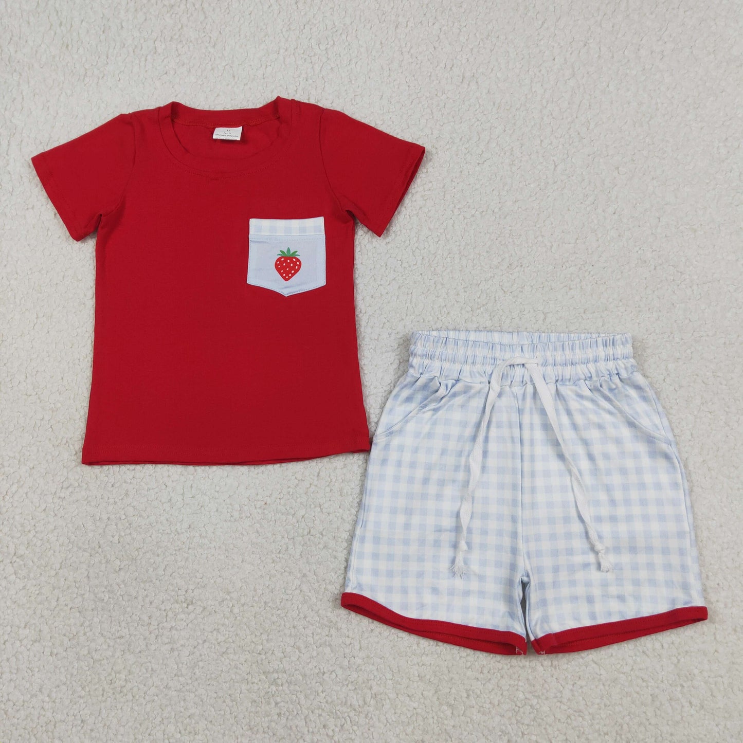 BSSO1692 Strawberry Pocket Red Short Sleeve Checkered Shorts Boys Set