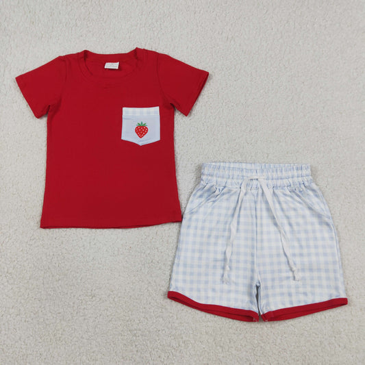 BSSO1692 Strawberry Pocket Red Short Sleeve Checkered Shorts Boys Set
