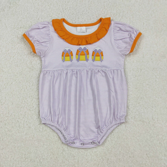 embroidery SR3202 Halloween corn candy purple striped short sleeve girls romper