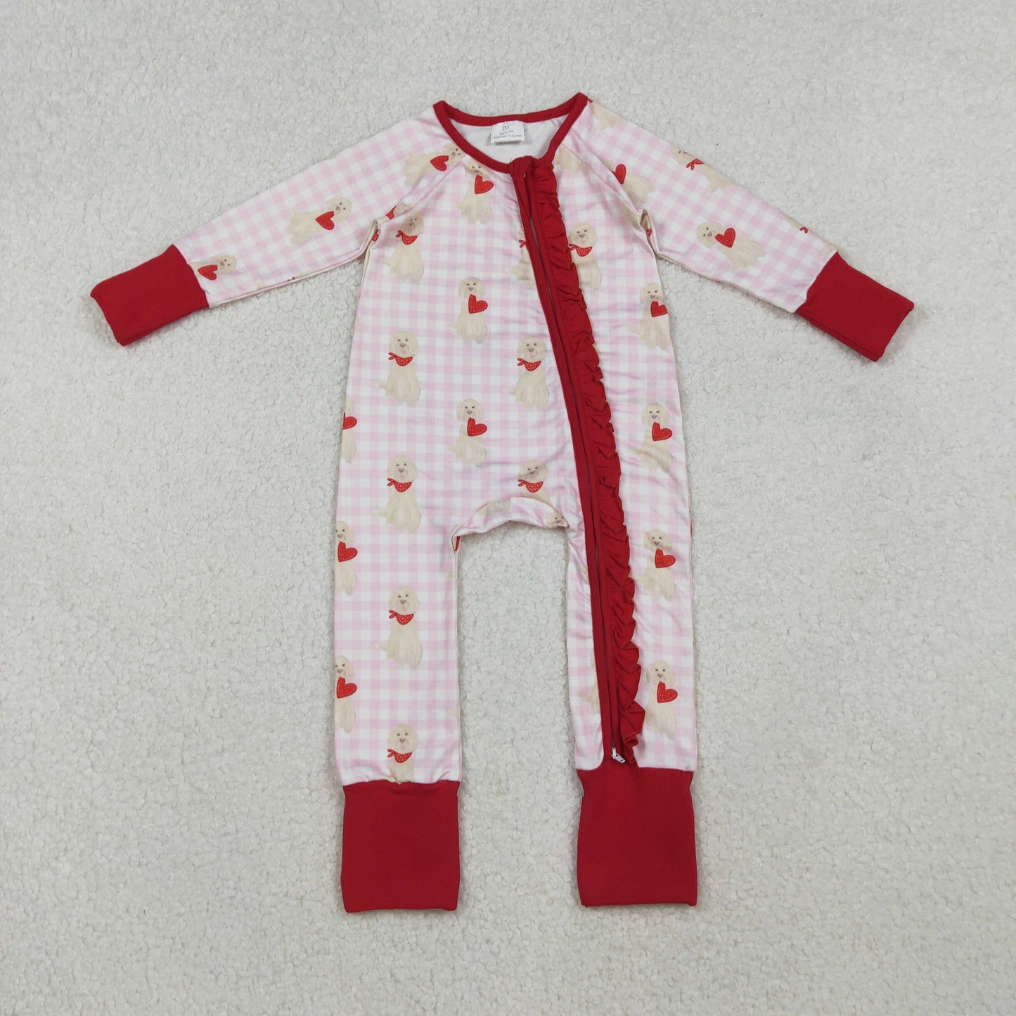 LR2681 Valentine's Day dog heart pink checkered red ruffles zipper long sleeve girls romper