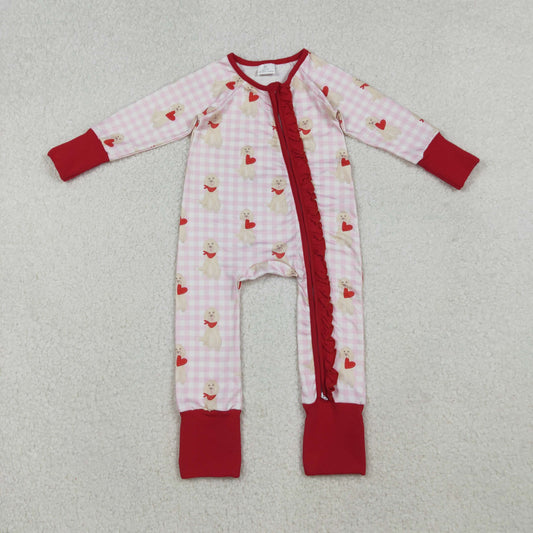 LR2681 Valentine's Day dog heart pink checkered red ruffles zipper long sleeve girls romper