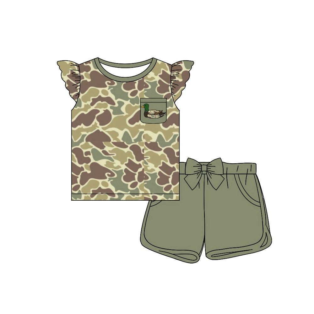preorder GSSO1505 duck camo hunting camo mallard pocket flutter sleeve dark green shorts girls set