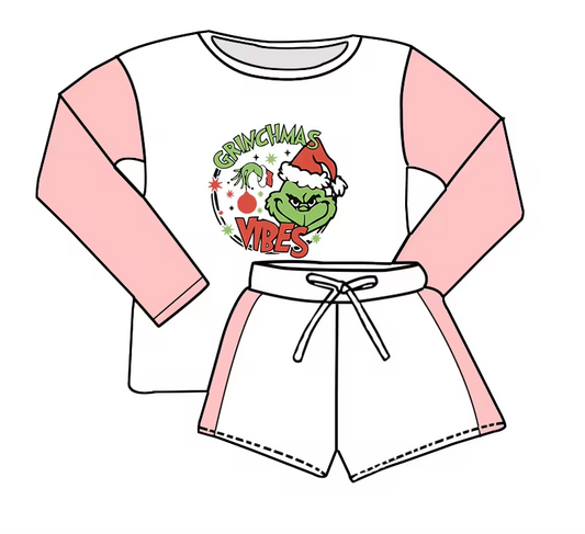 custom style cute green face pink long sleeve shorts kids set