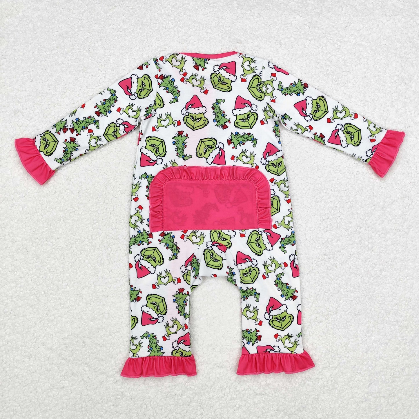 LR1337 bamboo Christmas green face hot pink long sleeve zipper girls romper